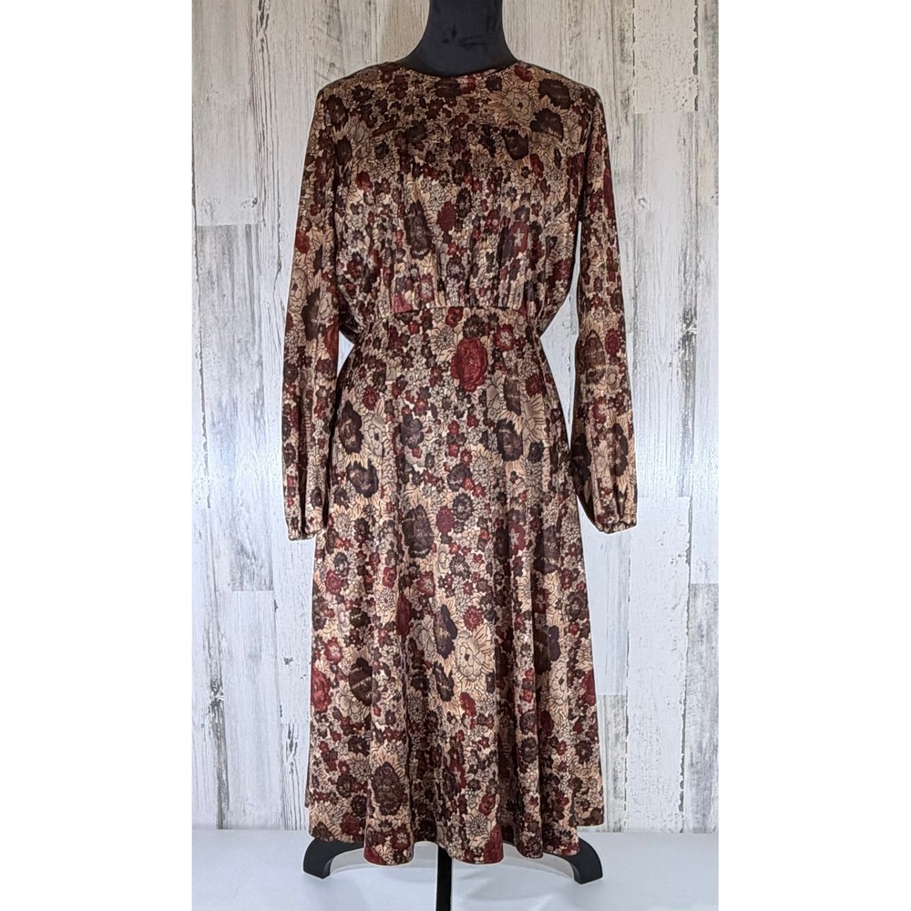 Lillian Russell Vintage 70s Midi Dress Size 10 Brown Floral Prairie Cottage Fall